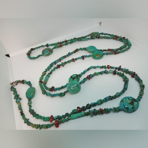 * vintage gorgeous extra long turquoise w/agate chips & 925 clasp necklace - Picture 5 of 5
